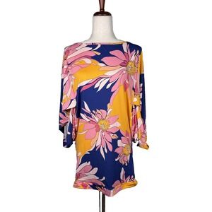 Trina Turk Tunic Top Womens‎ Medium Blue Yellow Pink Floral Batwing Sleeve Retro